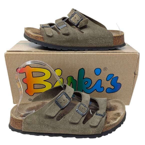 Birki’s Birkenstocks Florida Olive Green Suede Sandals EU 38 US Women’s 7 Cork - Picture 1 of 3